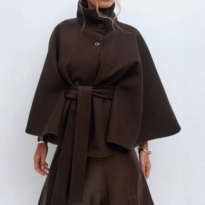 Winter High Neck Batwing Sleeve Coat with Belt Fashion Loose Elegant Button Top Trench Coat for Women Clothing